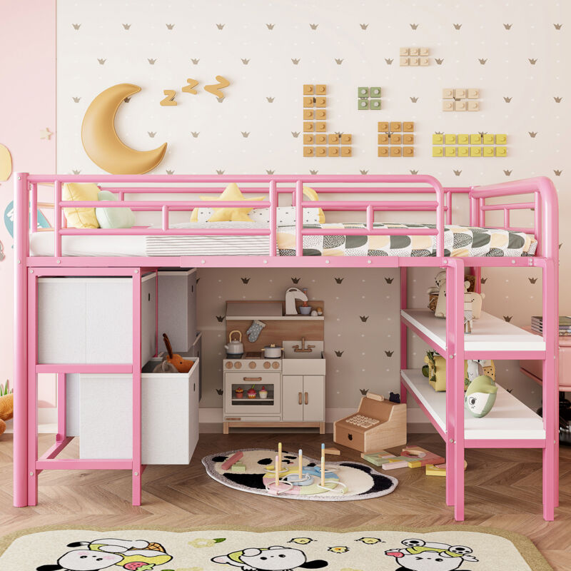 Lit mezzanine bas enfant métal avec grand escalier, tiroirs + étagères, 90x200, rose