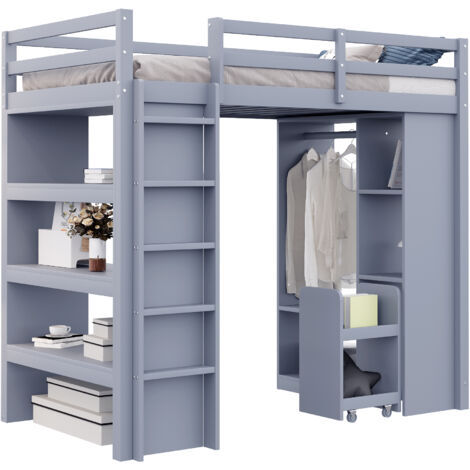 Lit mezzanine bois gris 90x200 cm avec étagères, penderie et chariot organisateur amovible, sommier à lattes inclus