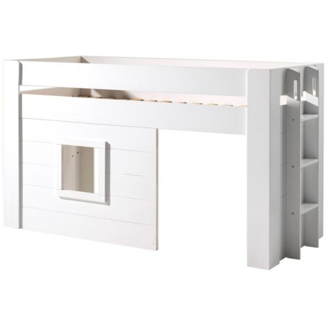 Lit mezzanine bois laqué blanc 90x200 avec rideaux coton beige Noah
