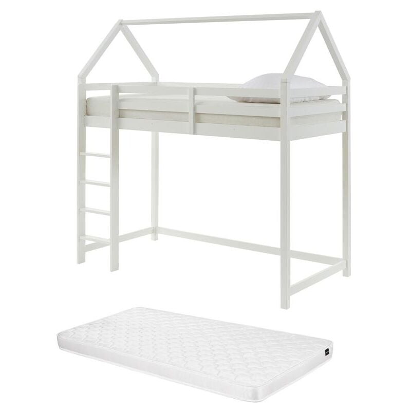 Vente-unique - Lit mezzanine cabane 90 x 190 cm - Pin - Blanc + Matelas - tarzia