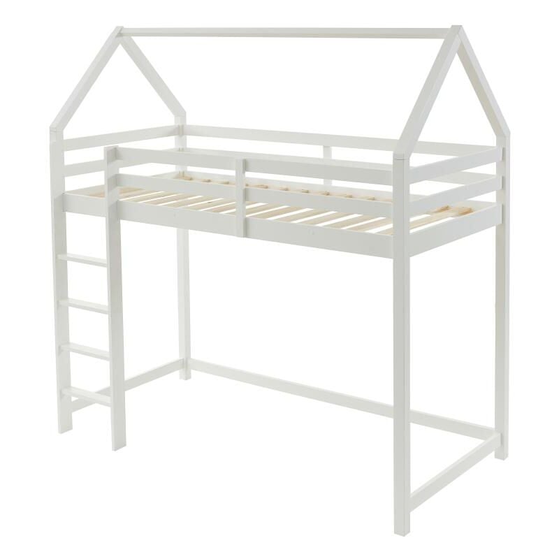 Vente-unique - Lit mezzanine cabane 90 x 190 cm - Pin massif - Blanc - tarzia