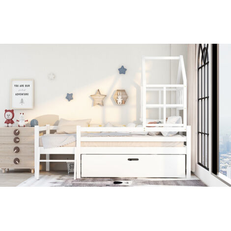 Lit mezzanine cabane enfant bois massif blanc 90x200 cm avec échelle, tiroir et sommier à lattes