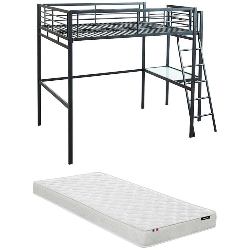 Vente-unique - Lit mezzanine casual ii - 140 x 190 cm - plateforme bureau - Anthracite + matelas