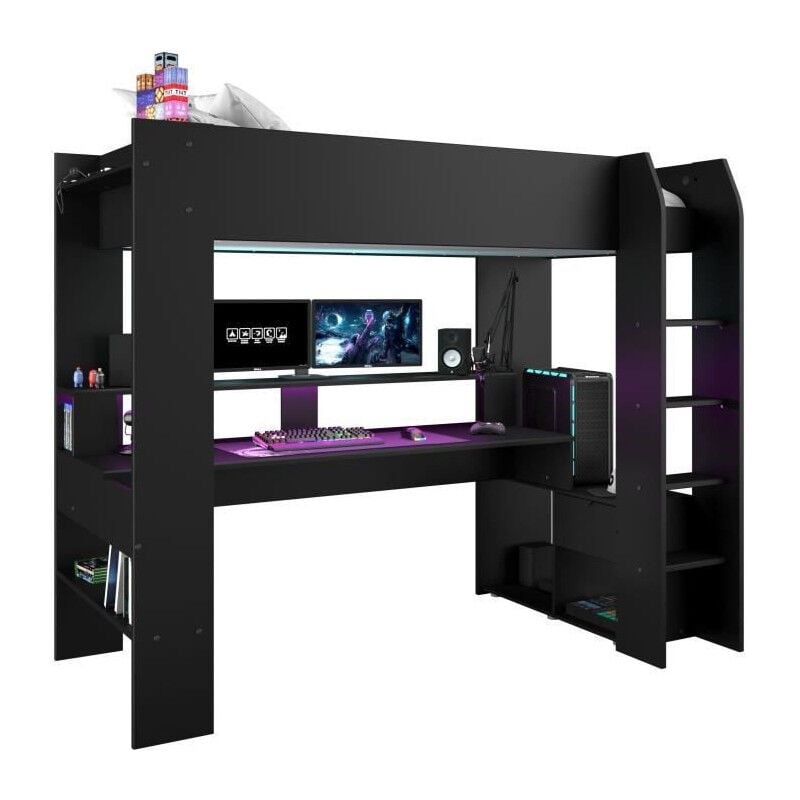 Les Tendances - Lit mezzanine combine enfant led Gamer online - 90 x 200 cm - Noir mat - Sommier inclus - parisot