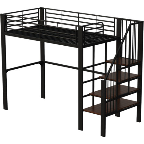 Lit mezzanine de style échelle avec étagères latérales, cadre de lit métallique peu encombrant pour dortoirs.