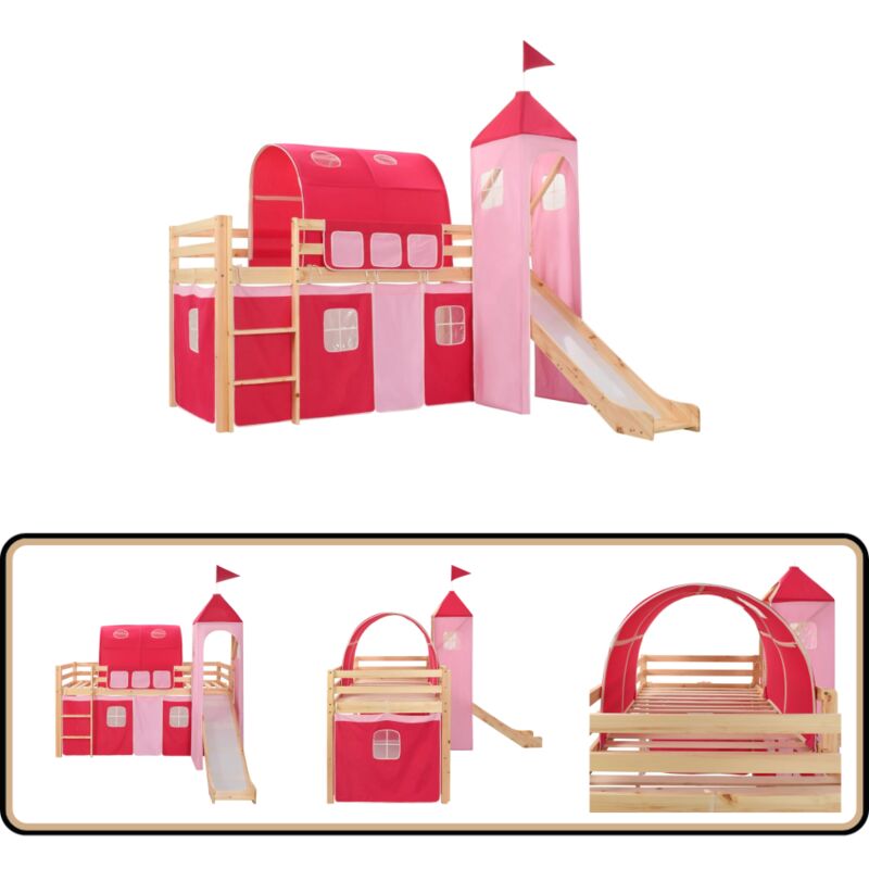 Lit mezzanine d'enfants avec toboggan et échelle Pin 208x230 cm - Lit Mezzanine Enfant - Lit Princess - Lit Cabane - Mobilier Enfant - Décoration