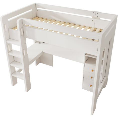 Lit mezzanine en bois blanc 90x200 cm avec bureau d’angle, rangements, tiroirs et charge USB/Type‑C, sommier inclus