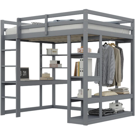 Lit mezzanine en bois gris 140x200 cm avec bureau, étagères et penderie, sommier à lattes inclus