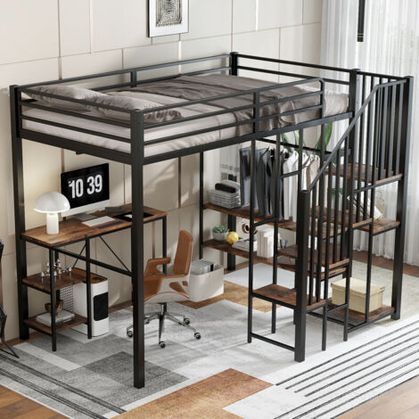 Lit mezzanine en métal 120 x 200, lit mezzanine adapté aux enfants et aux adolescents, armoire d'escalier d'angle avec espace de rangement, avec table et étagère de rangement, armoire ouverte, noir