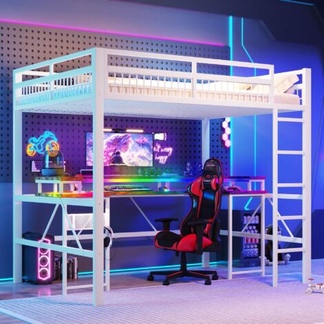 Lit mezzanine en Métal 140 x 200 cm avec LED multicolore bureau intégré port USB - C et prise de courant panneau perforé Blanc