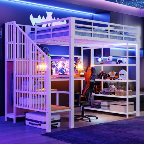 Lit mezzanine en métal 140x200 cm blanc avec grand bureau, panneau perforé, prise européenne, bande LED, étagères de rangement et barrières hautes