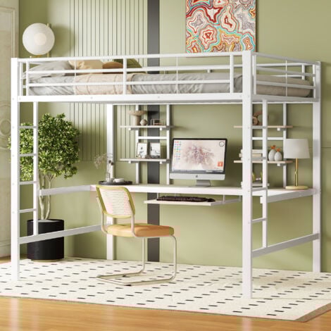 FORTUNA LAI Lit mezzanine en métal 90x200cm pour enfants - Cadre de lit en fer lit surélevé avec bureau pour étude et 2 étagères - noir