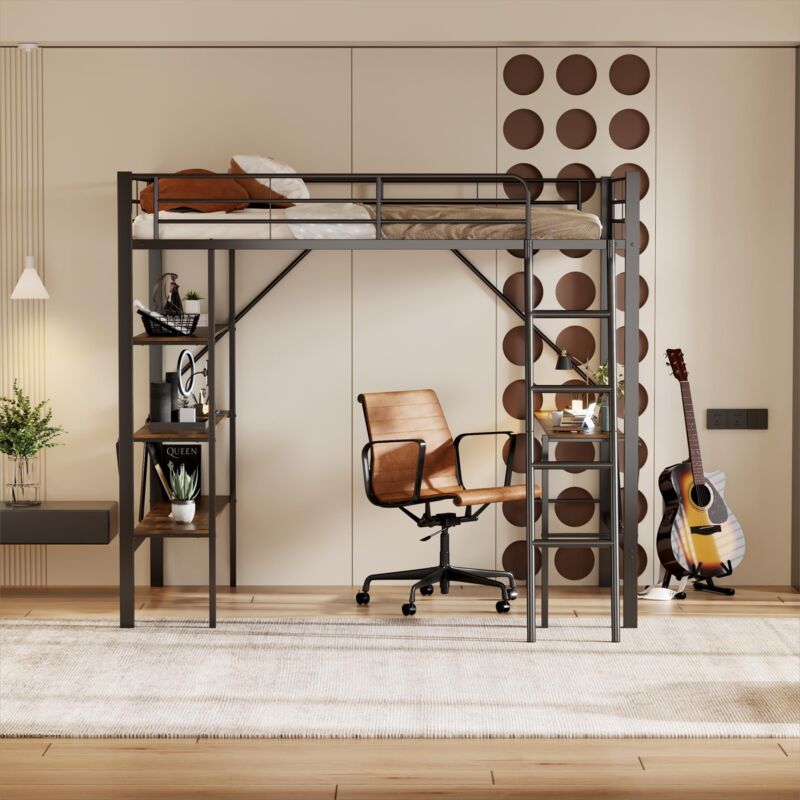 Lit mezzanine 90x200 cm, lit enfant avec 1 bureau plat et 3 étagères de rangement, métal, lit simple noir