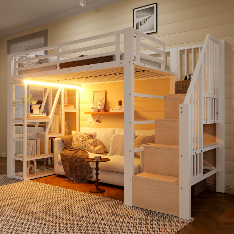 Lit mezzanine en métal 90x200 cm avec LED intégrée,lit surélevé avec rangements et étagères,escalier sécurisé,structure robuste style industriel,Blanc