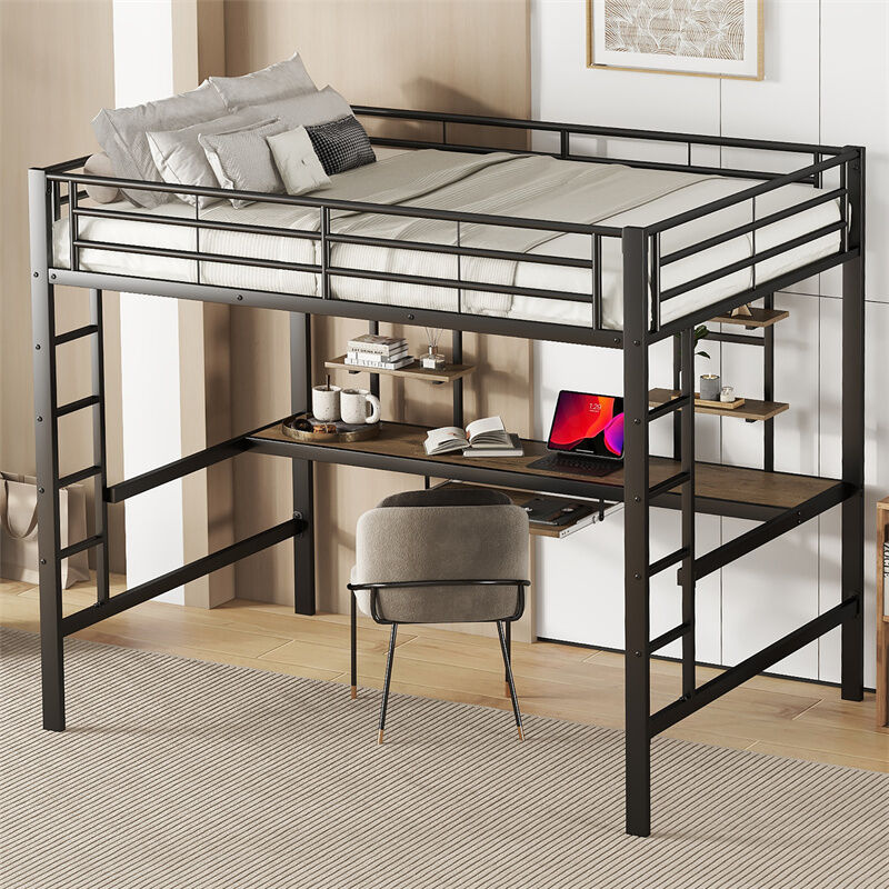 Fortuna Lai - Lit mezzanine en métal 140x200cm pour enfants - Cadre de lit en fer lit surélevé avec bureau pour étude et 2 étagères - noir