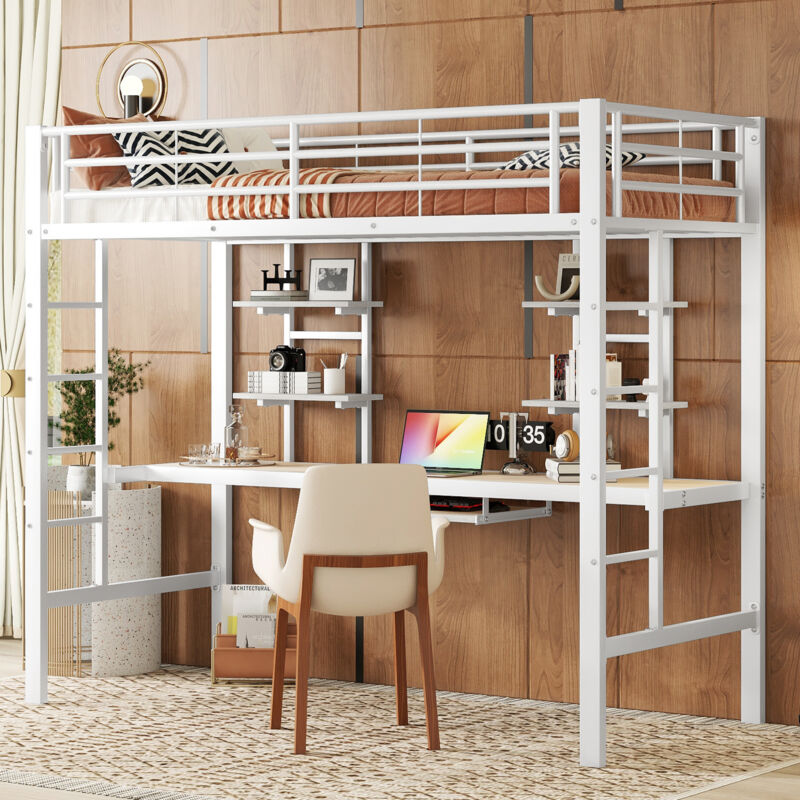 Lit mezzanine en métal 90x200cm pour enfants - Cadre de lit en fer lit surélevé avec bureau pour étude et 2 étagères - blanc