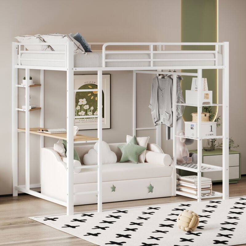 Lit mezzanine avec échelle 90200cm, lit simple lit enfant avec table à suspension simple avec rangements, blanc