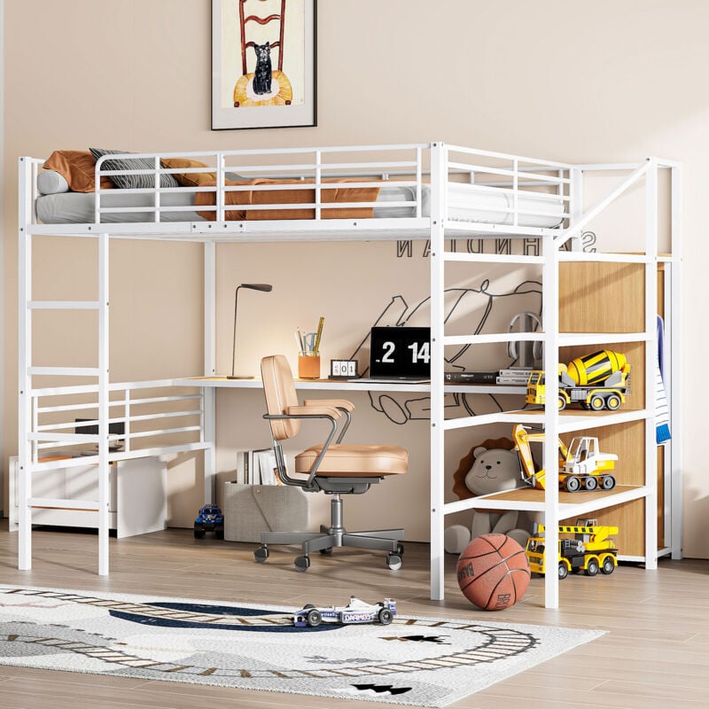 Lit mezzanine en métal blanc 140x200cm sans matelas, lit enfant avec armoire ouverte et bureau, lit simple