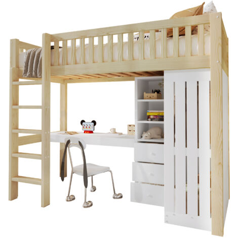 Lit mezzanine en pin naturel 90x200 cm avec bureau, armoire, 3 tiroirs, rangement ouvert, escalier et garde-corps