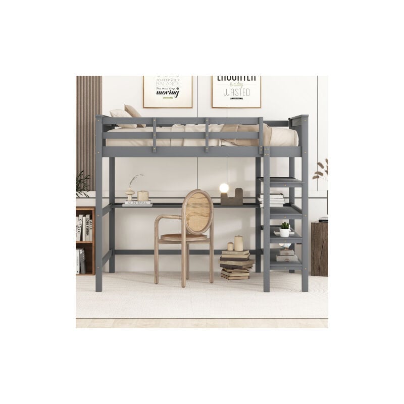 Lit mezzanine enfant 140 x 200 avec rangement et bureau sous lit, gris