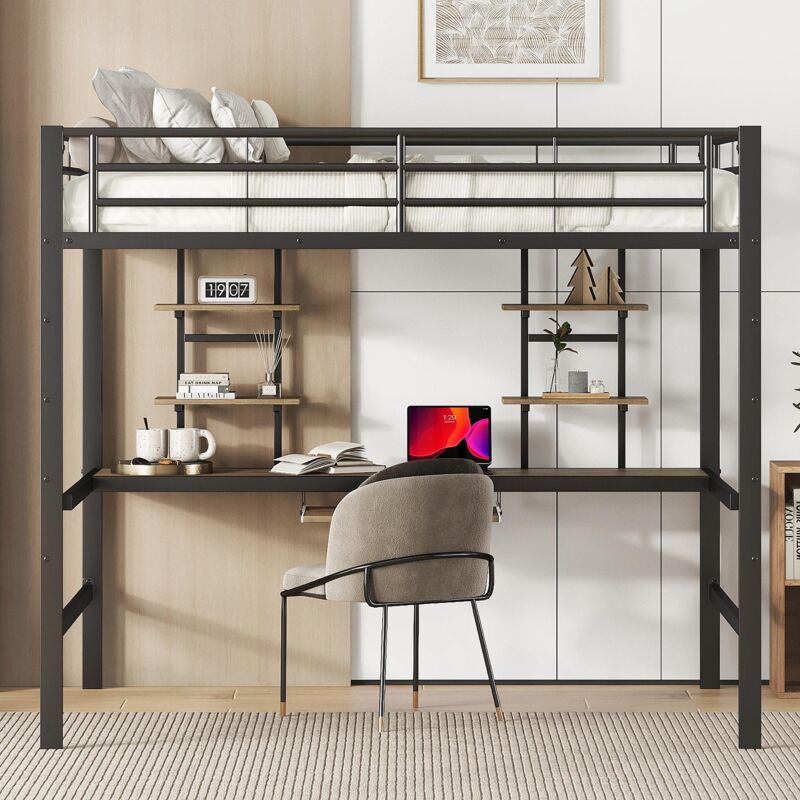 Lit mezzanine enfant 140 x 200 cm - avec bureau et deux étagères, cadre de lit en métal, adapté aux enfants, adolescents et adultes - Noir