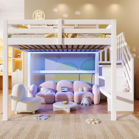 Lit mezzanine enfant 140 x 200 cm avec éclairage LED - échelle de rangement - compartiment de rangement ouvert - Pin - blanc