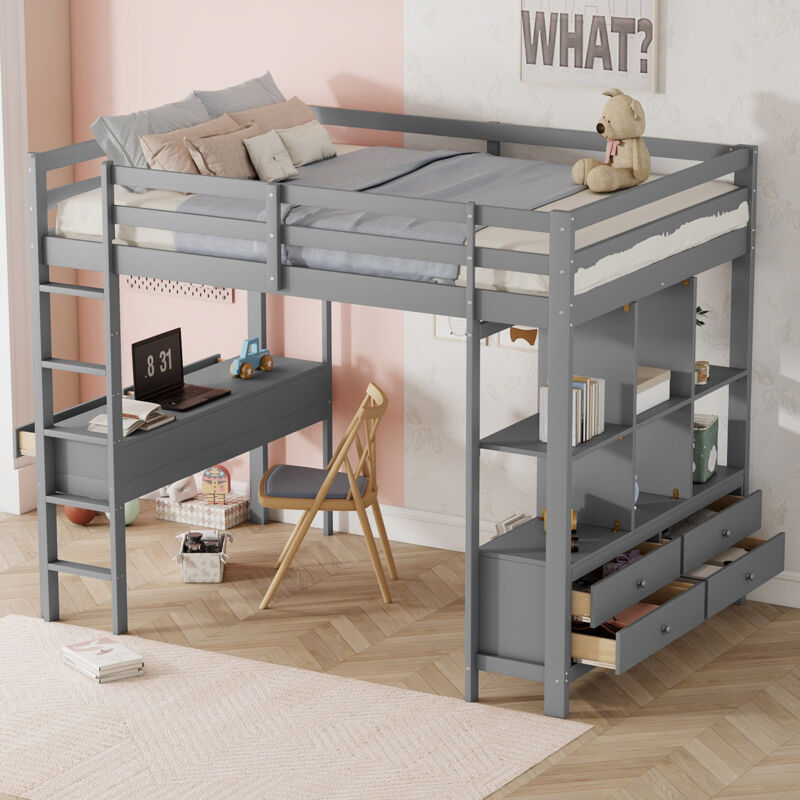 Redom - Lit mezzanine enfant 140 x 200 cm avec tiroirs de rangement et bureau sous le lit, sans matelas, gris