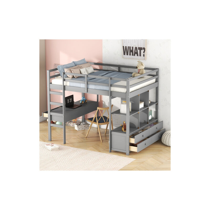 Okwish - Lit mezzanine 140x200 cm lit enfant avec tiroirs de rangement et bureau sous lit, en bois de pin, gris, sans matelas