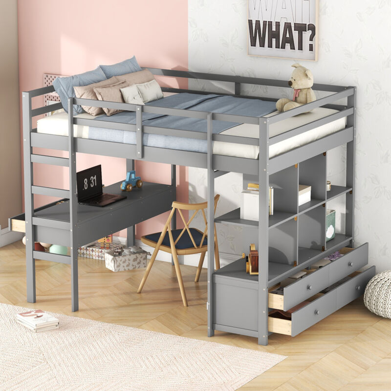Redom - Lit mezzanine enfant 140 x 200 cm avec tiroirs de rangement et bureau sous lit, gris
