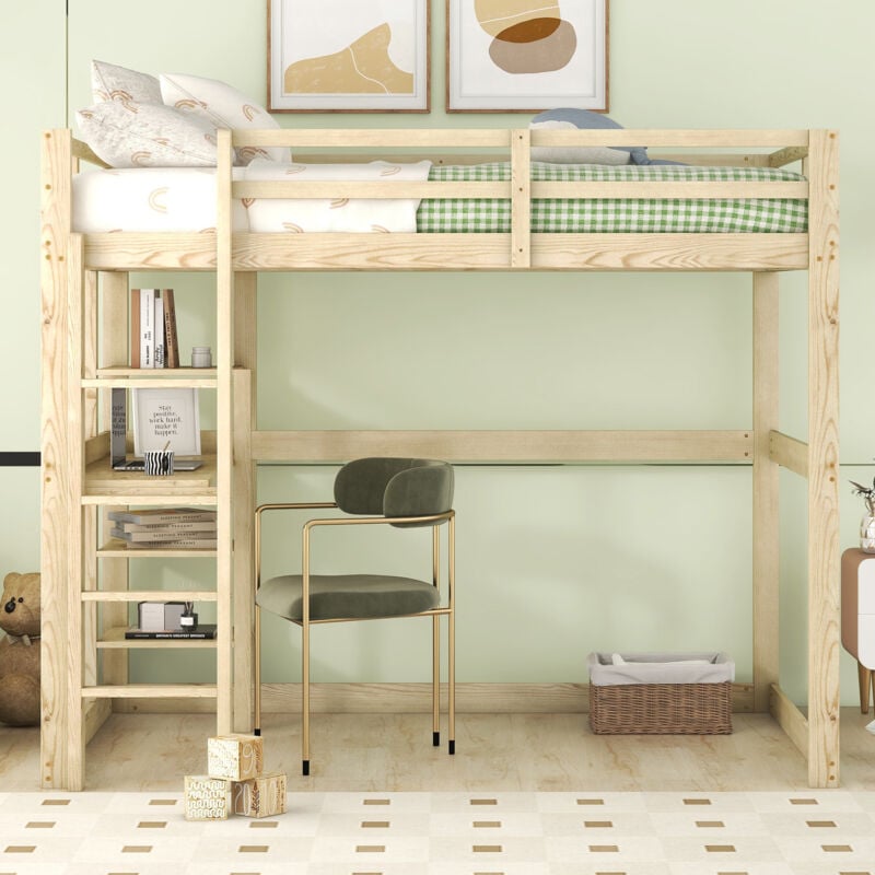 Hauss Spole - Lit mezzanine enfant 140 x 200 cm avec bureau + étagère de rangement, pin, antichute, sans matelas, pin, Naturel