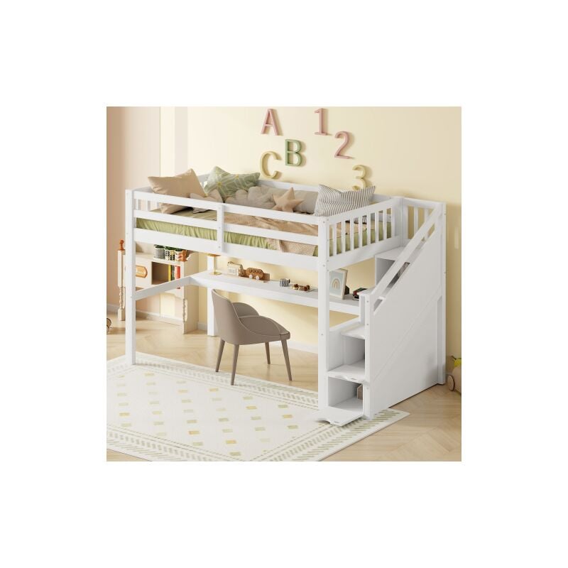 Wishdor - Lit mezzanine avec bureau, lit mezzanine enfant 90x200 cm avec tiroirs de rangement, cadre de lit en pin, blanc