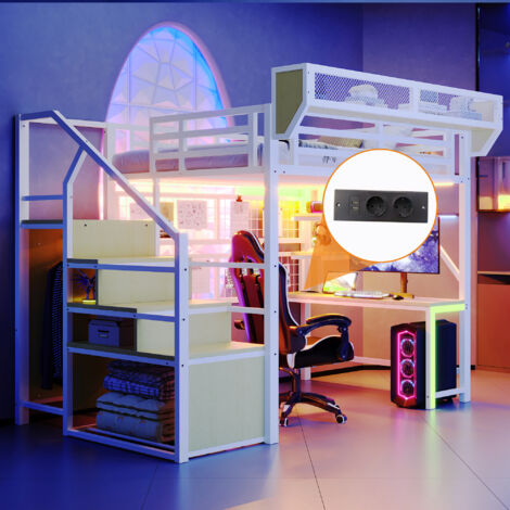 Lit mezzanine enfant 140x200 cm LED avec bureau, étagères, prise et échelle rangement, métal blanc