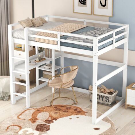 Lit mezzanine enfant 140x200 en pin massif. Avec 4 compartiments de rangement et un plateau de bureau. Blanc (sans Matelas)