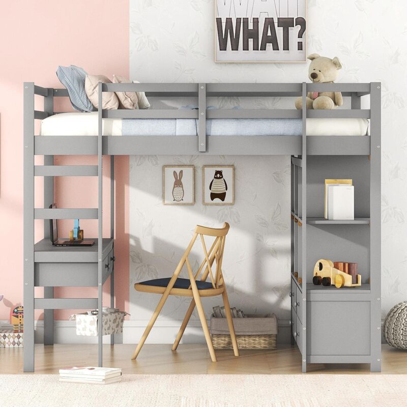 Tanant - Lit mezzanine enfant 140x200cm, avec 6 tiroirs de rangement et bureau sous lit, sommier à lattes, gris