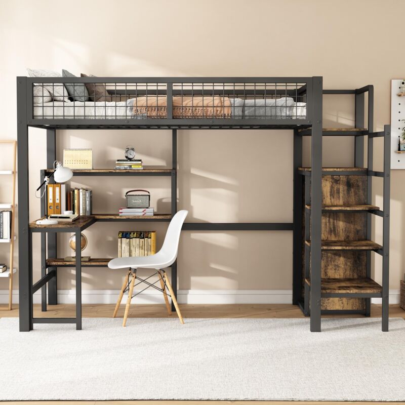 Tanant - Lit mezzanine enfant 90x200cm, avec bibliothèque et escalier, structure en métal, sommier à lattes, lit simple style industriel - noir