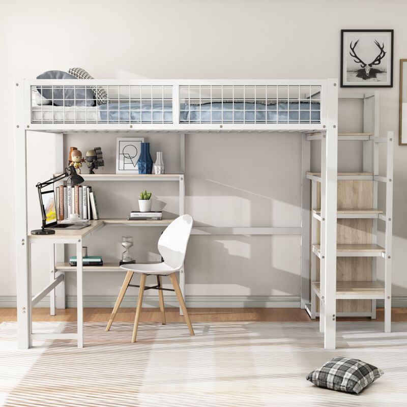 Lit mezzanine enfant 140x200cm avec bureau et escalier de rangement, cadre de lit en métal, sommier à lattes, barrière de sécurité, adapté aux