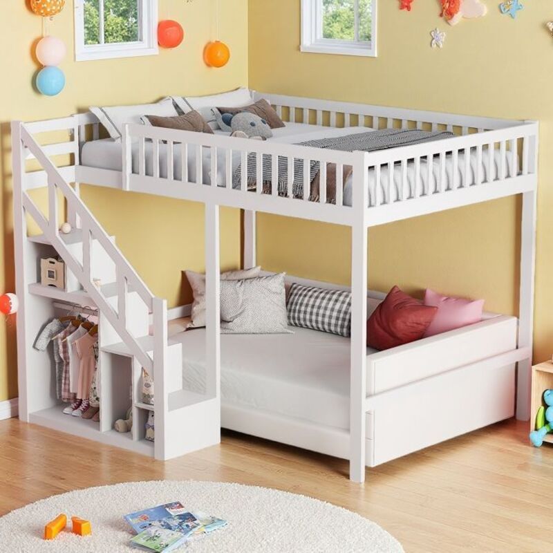 Lit superposé enfant 140x200cm Blanc poli - Lit mezzanine enfant Loft ado à deux étages avec Escalier de rangement et Clôture étoile