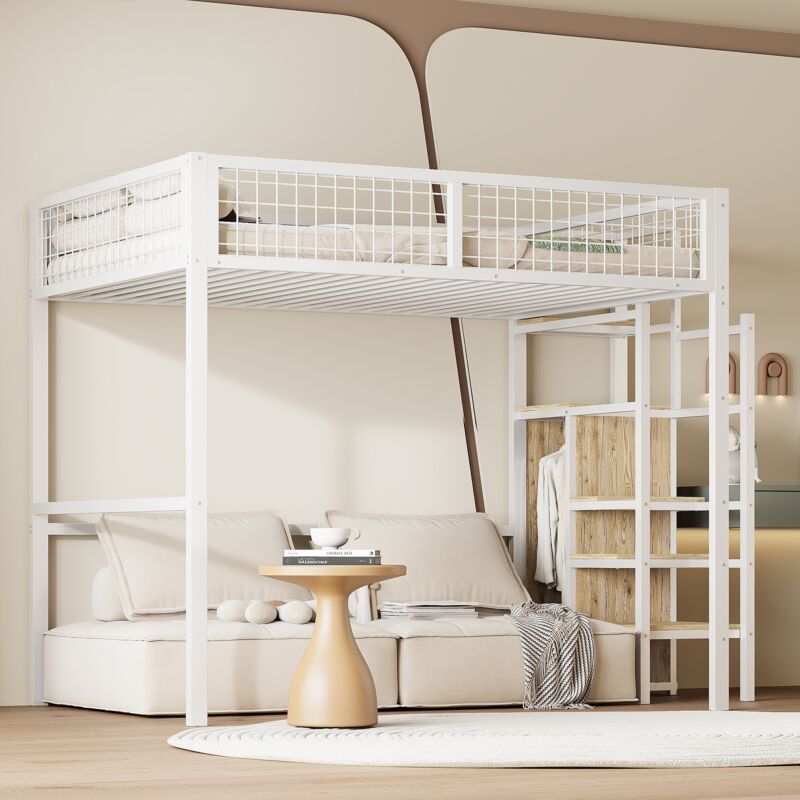 Lit mezzanine enfant 140x200cm - Escalier avec rangements, structure en métal, adapté aux enfants, adolescents et adultes, style industriel, Blanc