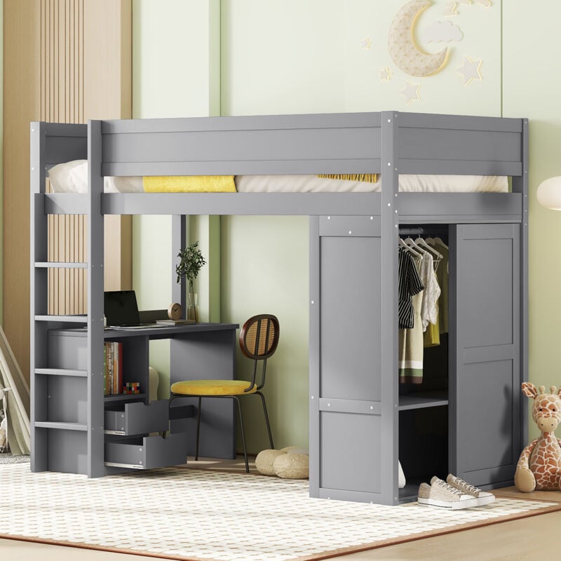 Wishdor - Lit mezzanine avec bureau, lit mezzanine enfant 90x200 cm avec armoire et tiroirs, cadre de lit en bois, gris
