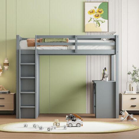 Lit mezzanine enfant 90 x 200 cm - avec armoires de rangement et table d'ordinateur, cadre à lattes, lit enfant simple, Bois massif - gris