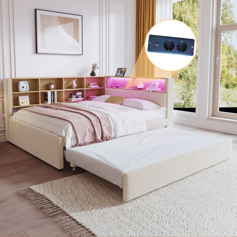 Wishdor - Lit gigogne 140x200cm, led Multicolore, USB/Tape-C , Convient aux enfants adultes, sans matelas, mdf, beige