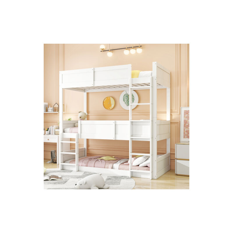 Wishdor - Lit superposé triple 90x200 cm Lit en bois massif avec rail haut, transformable en 3 lits simples, sans matelas, blanc