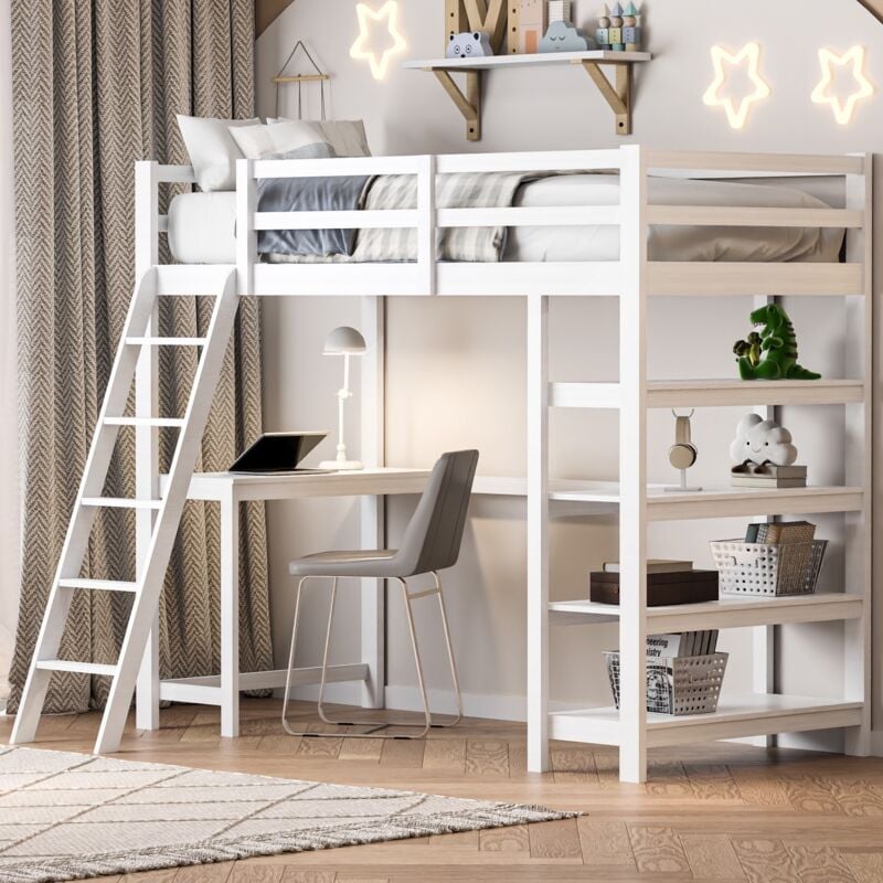 Lit mezzanine enfant 90x200 cm, avec bureau et 4 compartiments de rangement, avec escalier et grille antichute, en bois de pin de haute qualité,