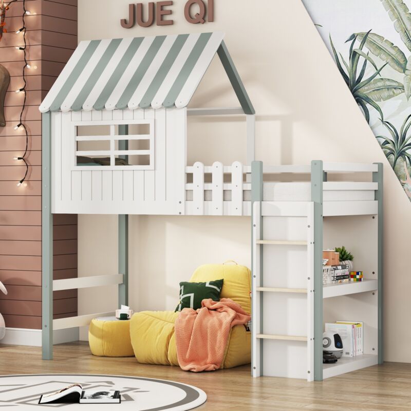 Lit mezzanine enfant 90x200 cm avec échelle de sécurité avec compartiment de rangement, sommier à lattes, forme de toit, structure en bois massif,