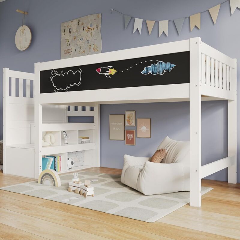 Lit mezzanine enfant 90 x 200 cm, avec Tableau d'écriture, Rangement et Protection Contre Les retombées, Blanc