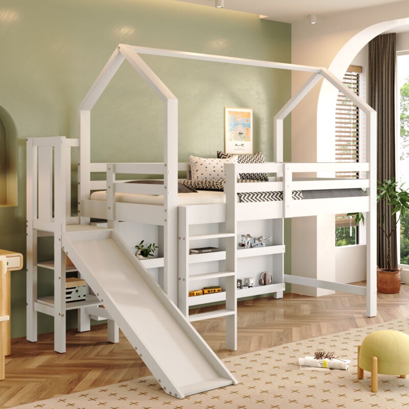 Lit mezzanine 90x200 cm, lit mezzanine enfant, lit cabane avec toboggan, escalier, casier, étagère, cadre de lit en bois, blanc