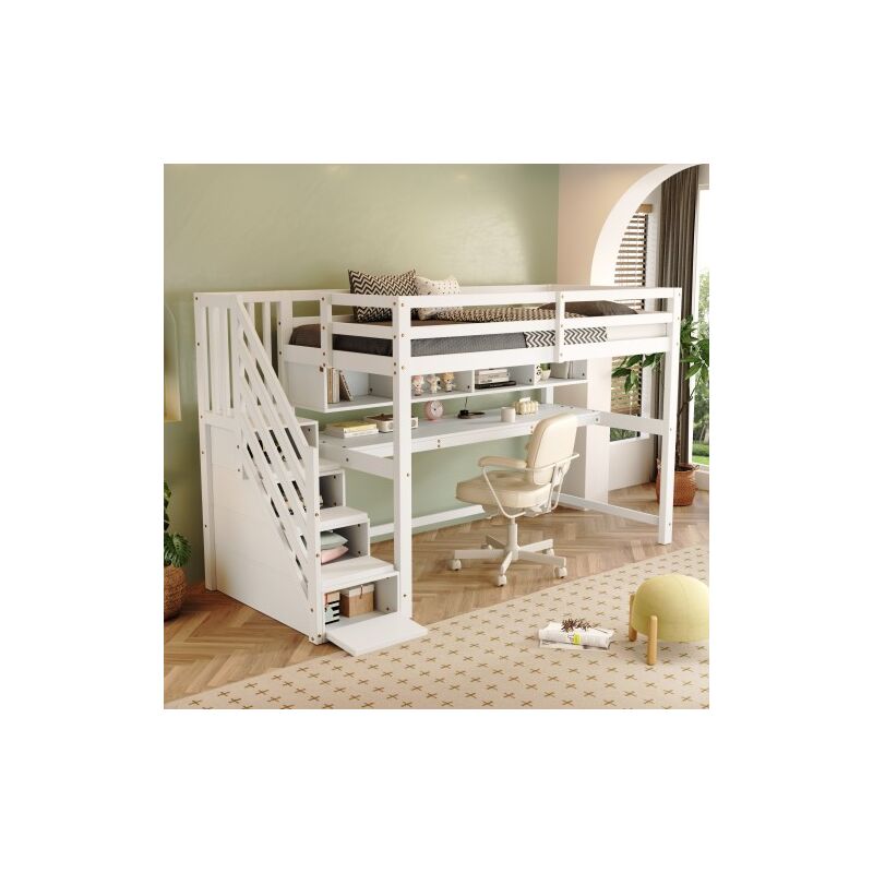 Wishdor - Lit mezzanine enfant 90x200 cm avec escalier de rangement, lit mezzanine avec bureau et étagères, blanc