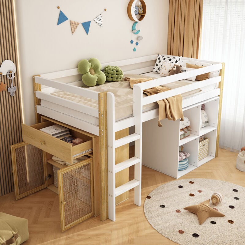 Lit mezzanine enfant 90 x 200 cm, lit simple, avec 4 rangements, 1 meuble de rangement, 1 tiroir, sans matelas, naturel + blanc