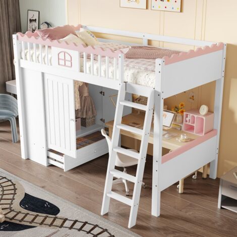 Lit mezzanine enfant 90x200 avec armoire, lit simple tiroir & LED - Pin - Blanc - Certifié EN747 - (Sans matelas)