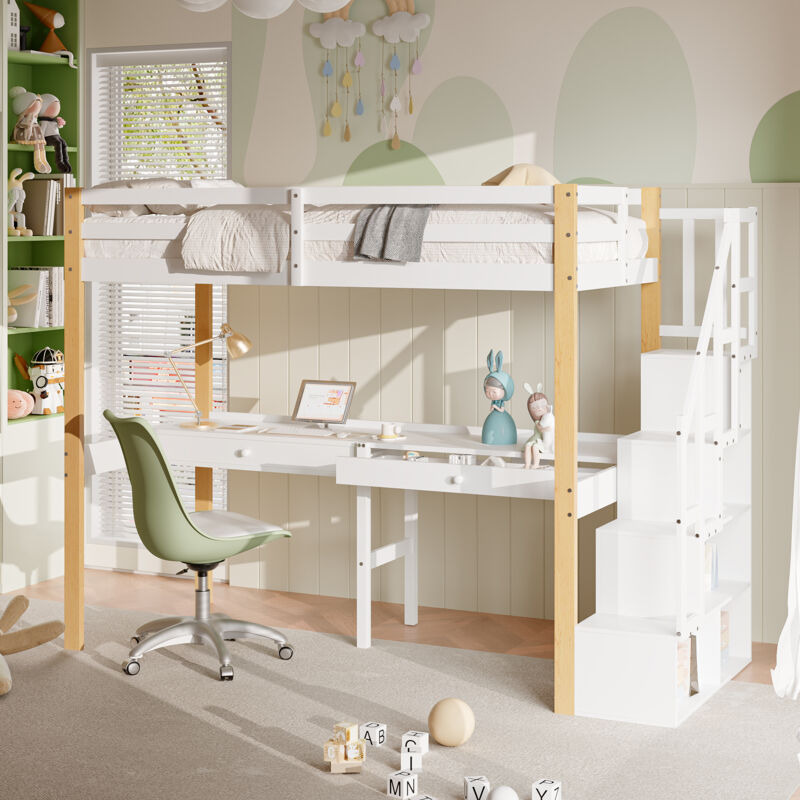 Lit mezzanine enfant 90x200 avec table et tiroirs, lit mezzanine 1 place avec escalier de rangement et barrière de lit, cadre de lit enfant 90x200,